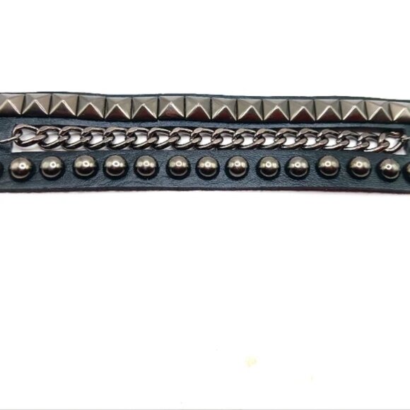 Goth Black Stud and Chain vegan Leather Bracelet Unisex -Black- Lot of 2 New - Picture 4 of 11